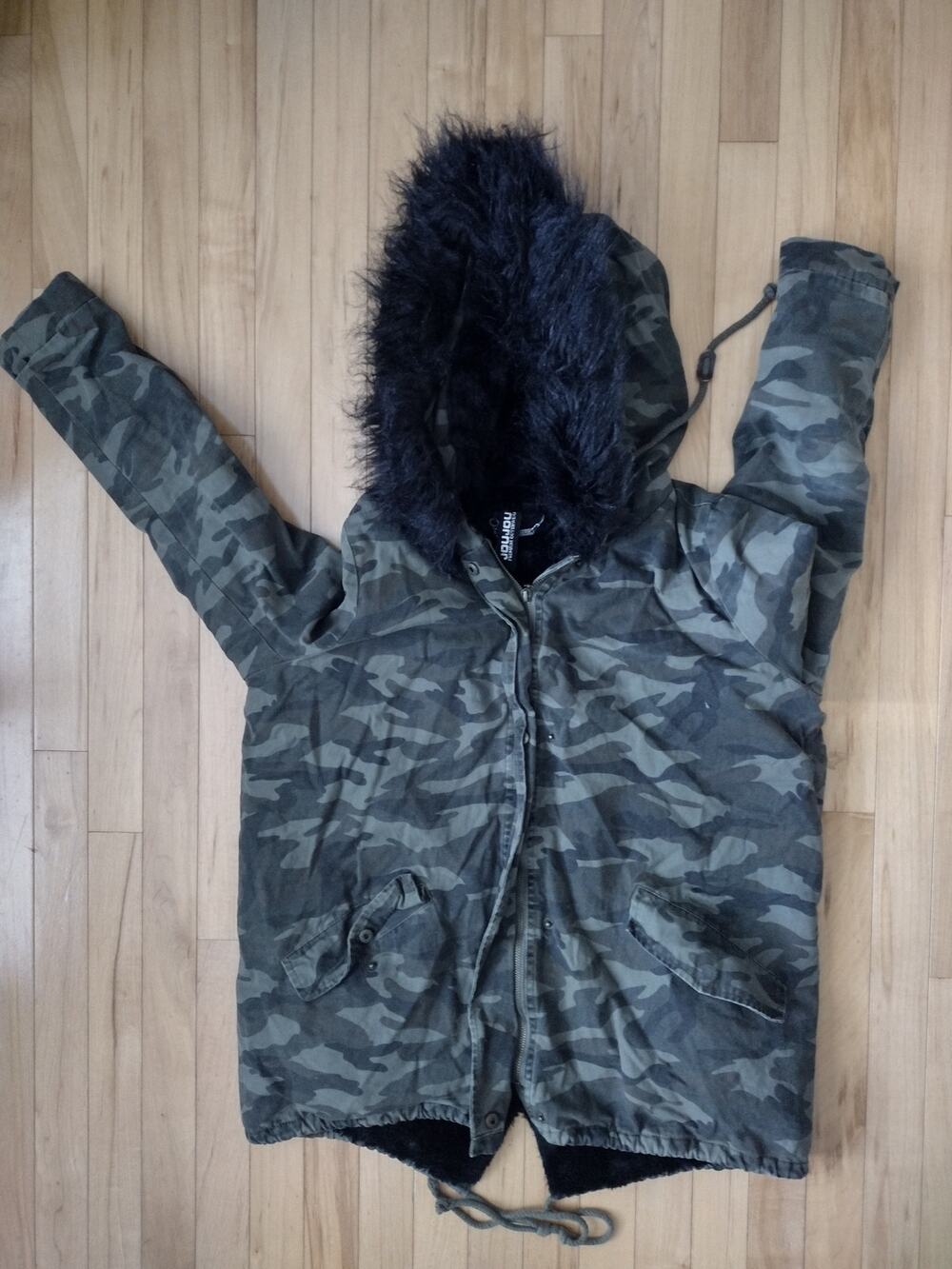 JOUJOU Womens XL Camo Camouflage Parka Jacket Black Faux Fur Hood